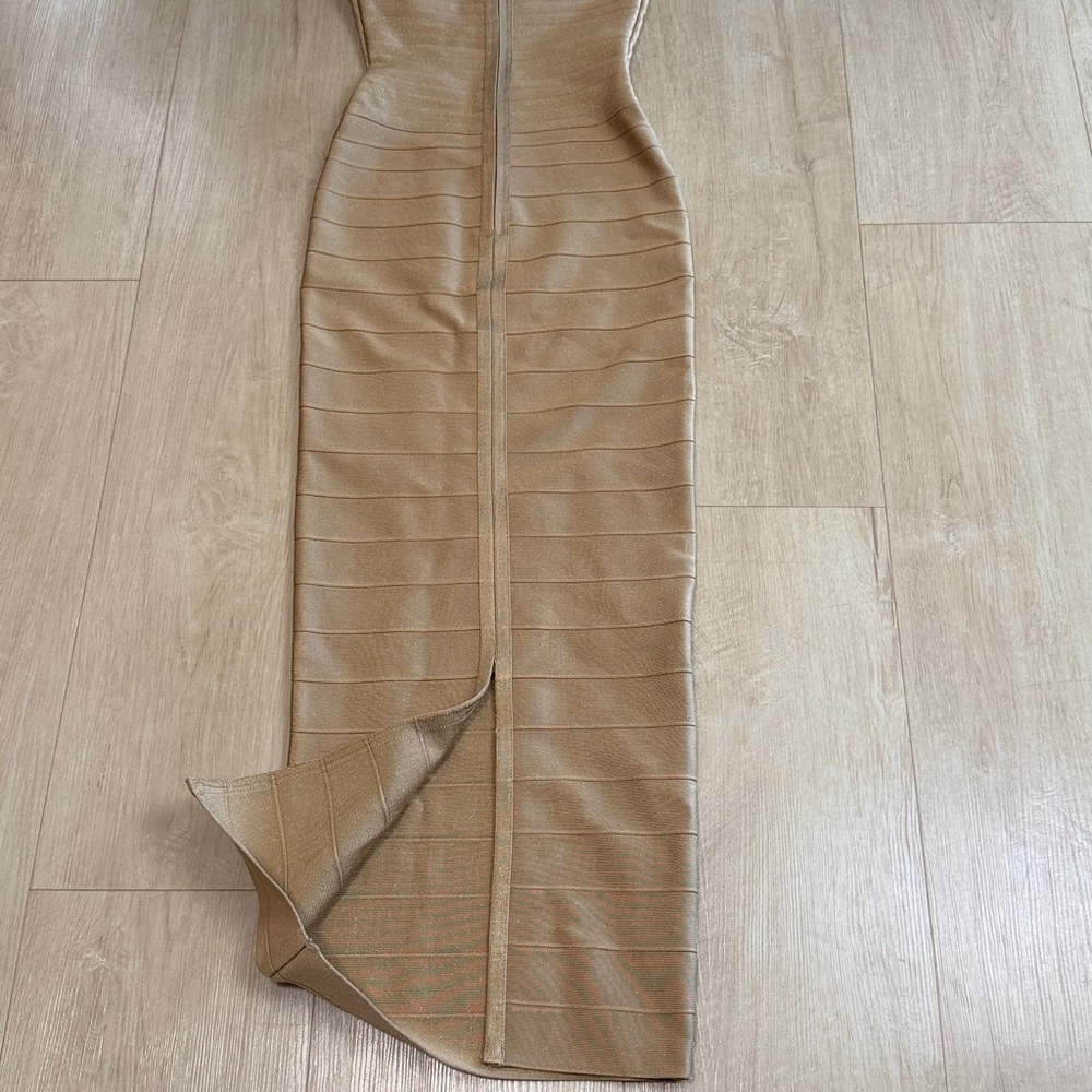 House of cb THE SWEETHEART Gold Shimmer Strapless V Waist Bandage Maxi Dress - Picture 7 of 10